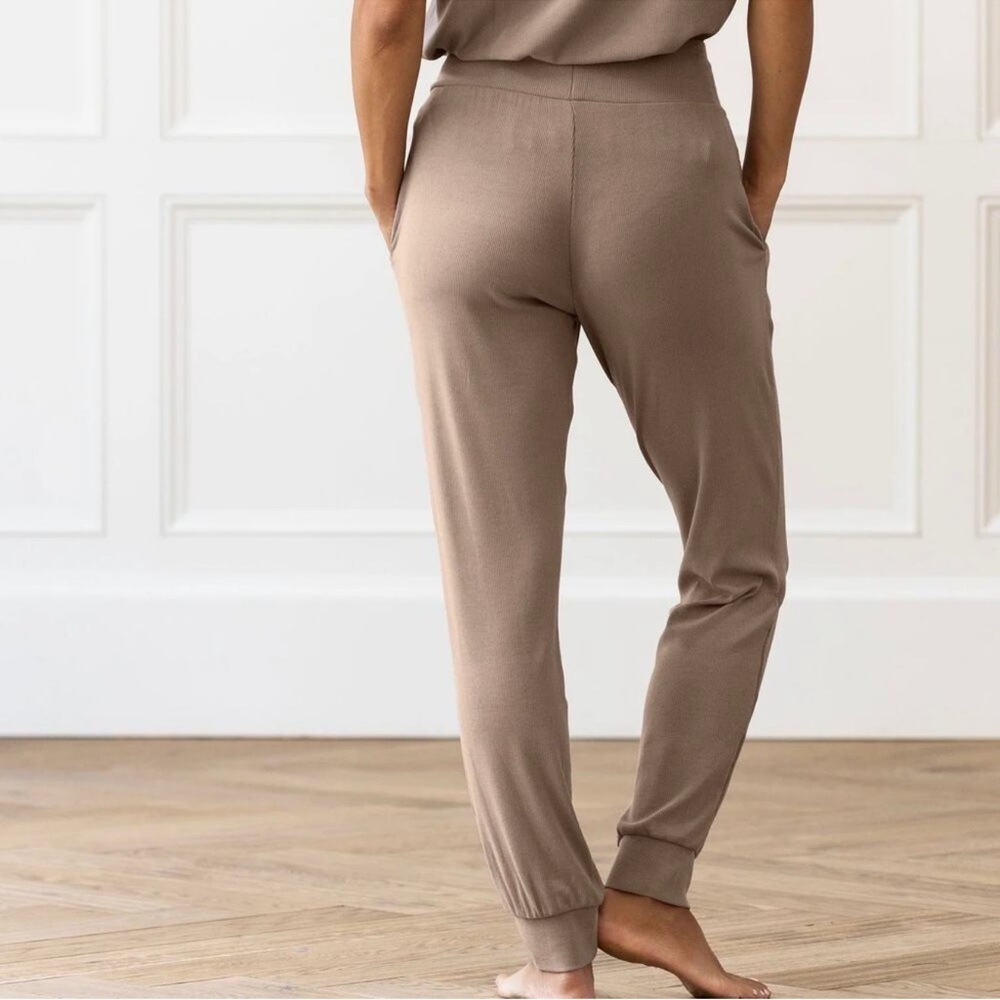COZY EARTH Bamboo Rib Knit Jogger Pants Beige Suede - Picture 3 of 12